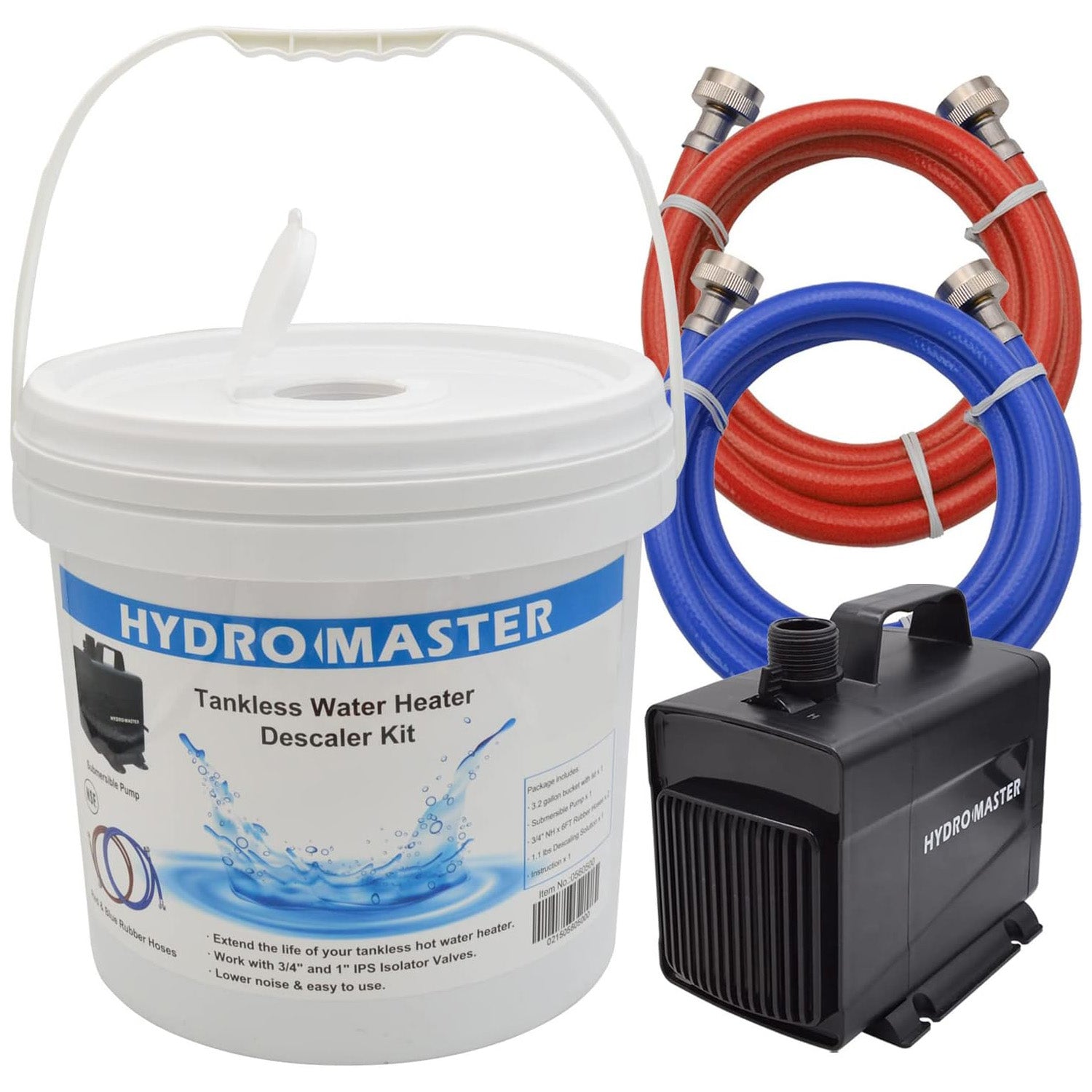 HYDRO MASTER Tankless Water Heater Flush kit,Includes Submersible Pump, 3.2 Gallon Pail With Screw Top Lid, Two 3/4-inch GHT x 6 FT Color Coded Rubber Hoses - watertech plumbing supply