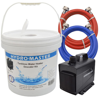 HYDRO MASTER Tankless Water Heater Flush kit,Includes Submersible Pump, 3.2 Gallon Pail With Screw Top Lid, Two 3/4-inch GHT x 6 FT Color Coded Rubber Hoses - watertech plumbing supply