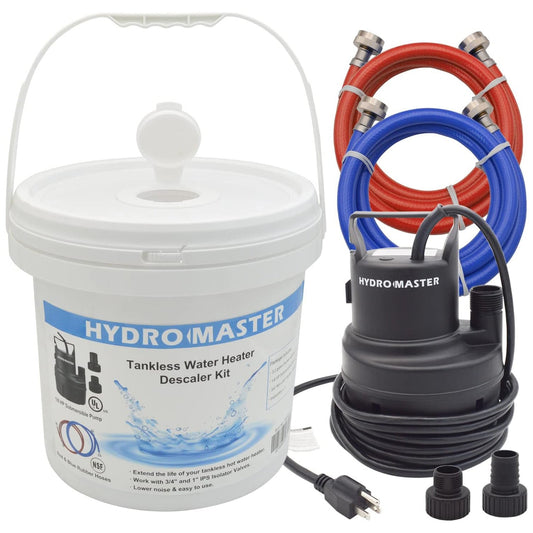 HYDRO MASTER Tankless Water Heater Flush kit,Includes 1/6HP Pump, 3.2 Gallon Pail With Screw Top Lid, Two 3/4-inch GHT x 6 FT Color Coded Rubber Hoses. - watertech plumbing supply