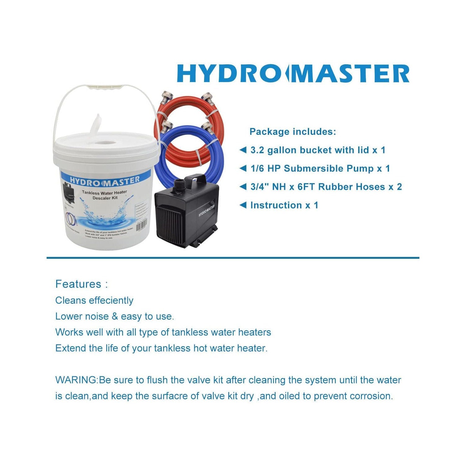 HYDRO MASTER Tankless Water Heater Flush kit,Includes Submersible Pump, 3.2 Gallon Pail With Screw Top Lid, Two 3/4-inch GHT x 6 FT Color Coded Rubber Hoses - watertech plumbing supply