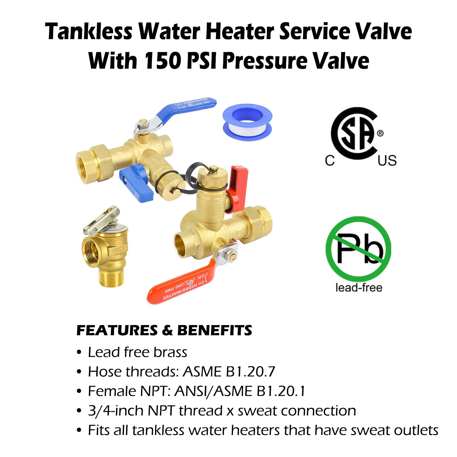 HYDRO MASTER Tankless Water Heater Valve Kit, Lead-Free Brass, NPT Thread x Sweat Connection - watertech plumbing supply