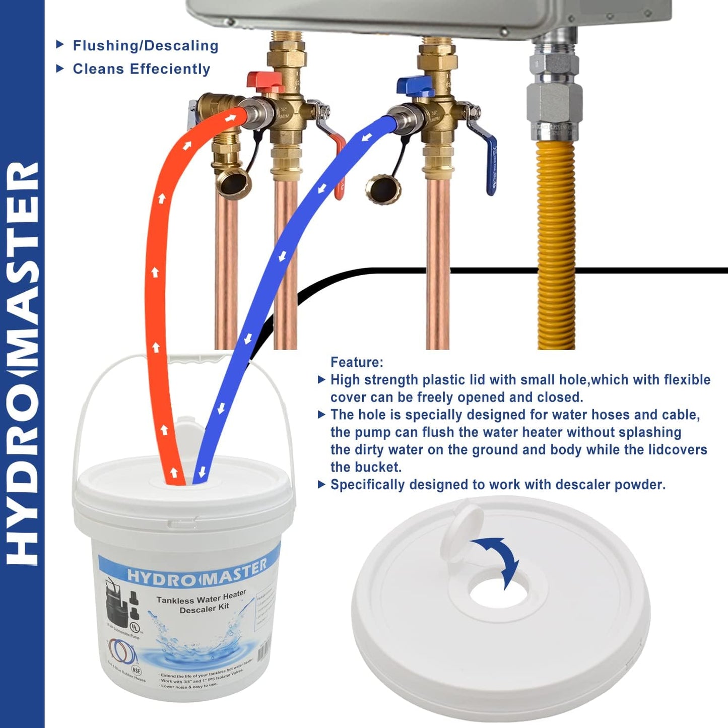 HYDRO MASTER Tankless Water Heater Flush kit,Includes Submersible Pump, 3.2 Gallon Pail With Screw Top Lid, Two 3/4-inch GHT x 6 FT Color Coded Rubber Hoses - watertech plumbing supply