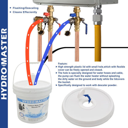 HYDRO MASTER Tankless Water Heater Flush kit,Includes Submersible Pump, 3.2 Gallon Pail With Screw Top Lid, Two 3/4-inch GHT x 6 FT Color Coded Rubber Hoses - watertech plumbing supply