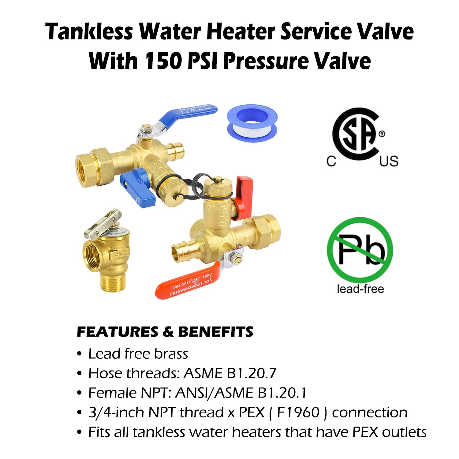 HYDRO MASTER Tankless Water Heater Valve Kit, Lead-Free Brass, NPT Thread x PEX (F1960) Connection - watertech plumbing supply