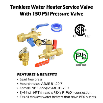 HYDRO MASTER Tankless Water Heater Valve Kit, Lead-Free Brass, NPT Thread x PEX (F1960) Connection - watertech plumbing supply