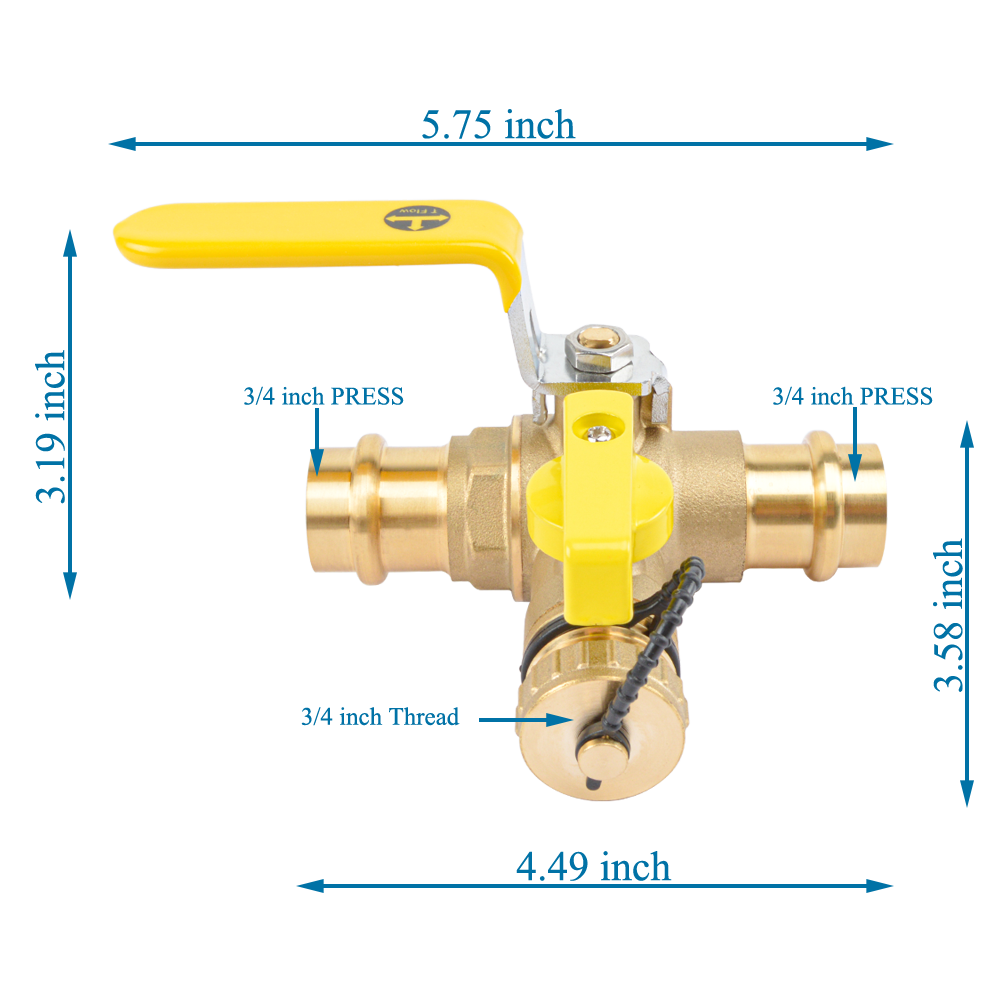 3/4" Press Full Port Ball Valve w/Drain & Reversible Handle