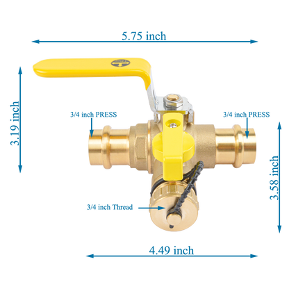 3/4" Press Full Port Ball Valve w/Drain & Reversible Handle