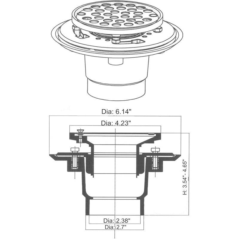 Hydro Master No-hub Bolt-down 2 inch or 3 inch PVC Shower Drain/Floor Drain with 4 inches Stainless Steel Round Strainer - watertech plumbing supply