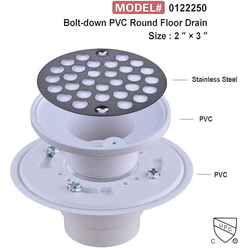 Hydro Master No-hub Bolt-down 2 inch or 3 inch PVC Shower Drain/Floor Drain with 4 inches Stainless Steel Round Strainer - watertech plumbing supply