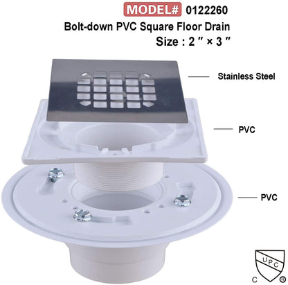 Hydro Master No-hub Bolt-down PVC Shower Drain with Top Stainless Steel Grate (Square) 2 inch or 3 inch - watertech plumbing supply