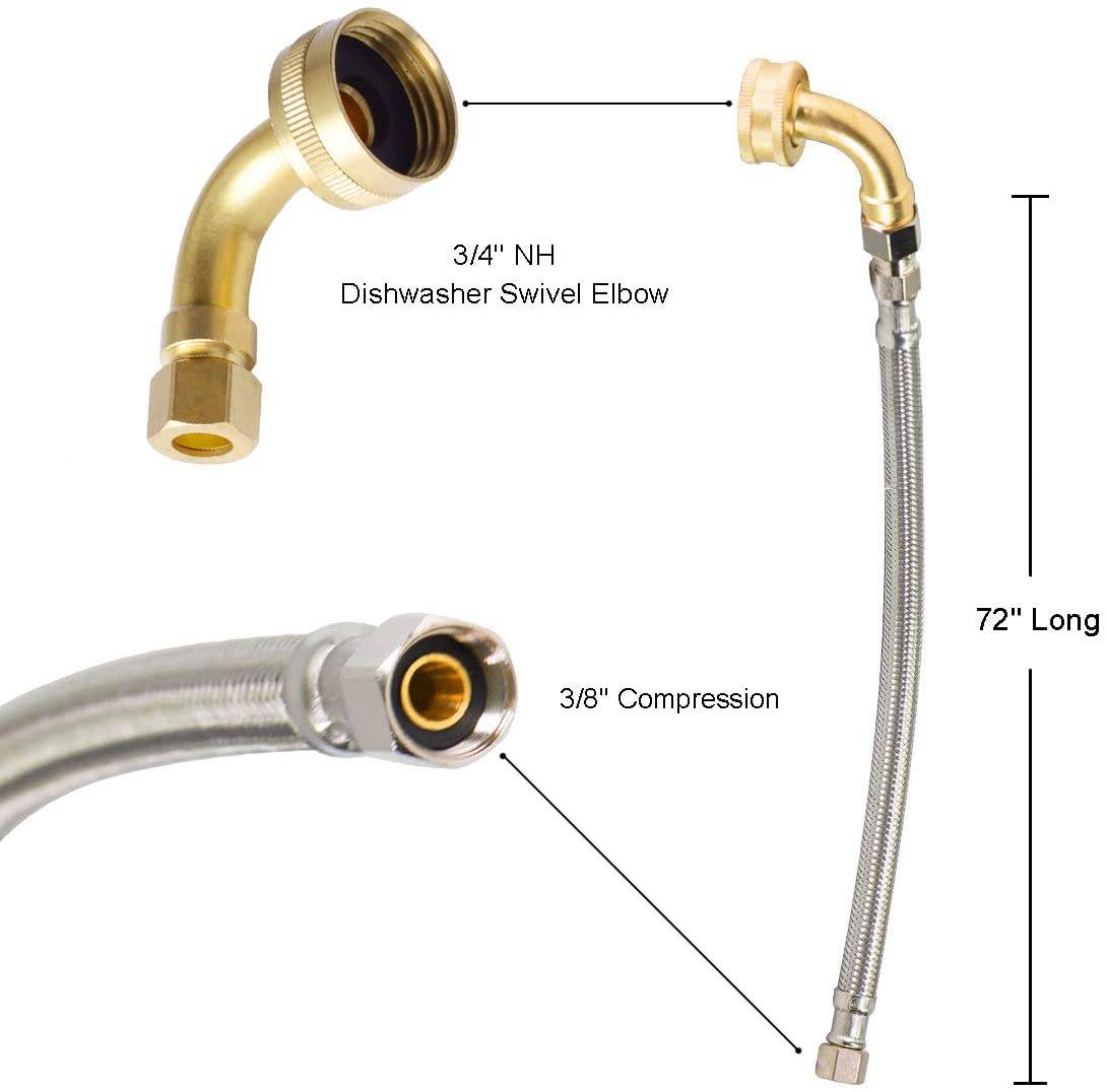Hydro Master 72 inches Braided Stainless Steel Dishwasher Connector with Elbow, 3/8" Comp x 3/8" Comp, Lead Free - watertech plumbing supply