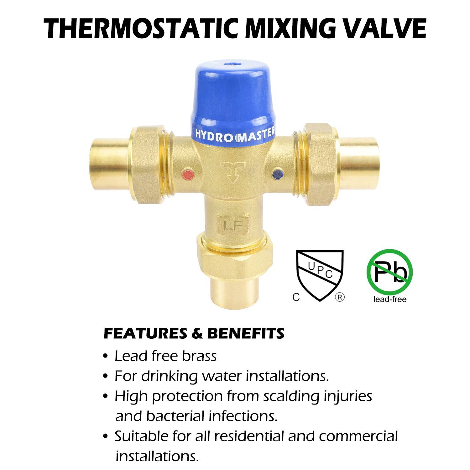 HYDRO MASTER Thermostatic Mixing Valve, Lead Free Brass Construction, Temperature Control, 3/4 Inch Sweat - watertech plumbing supply