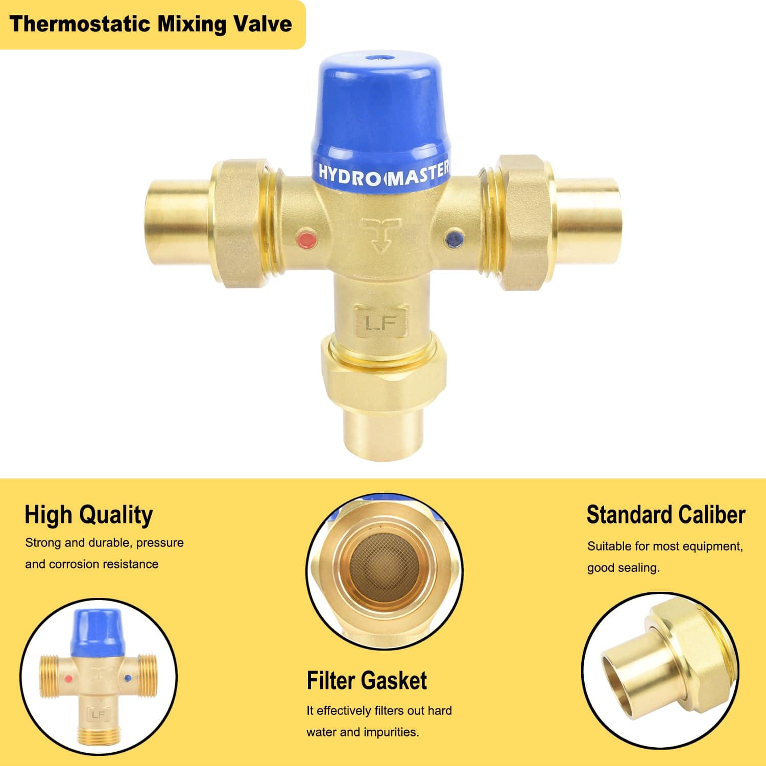 HYDRO MASTER Thermostatic Mixing Valve, Lead Free Brass Construction, Temperature Control, 3/4 Inch Sweat - watertech plumbing supply