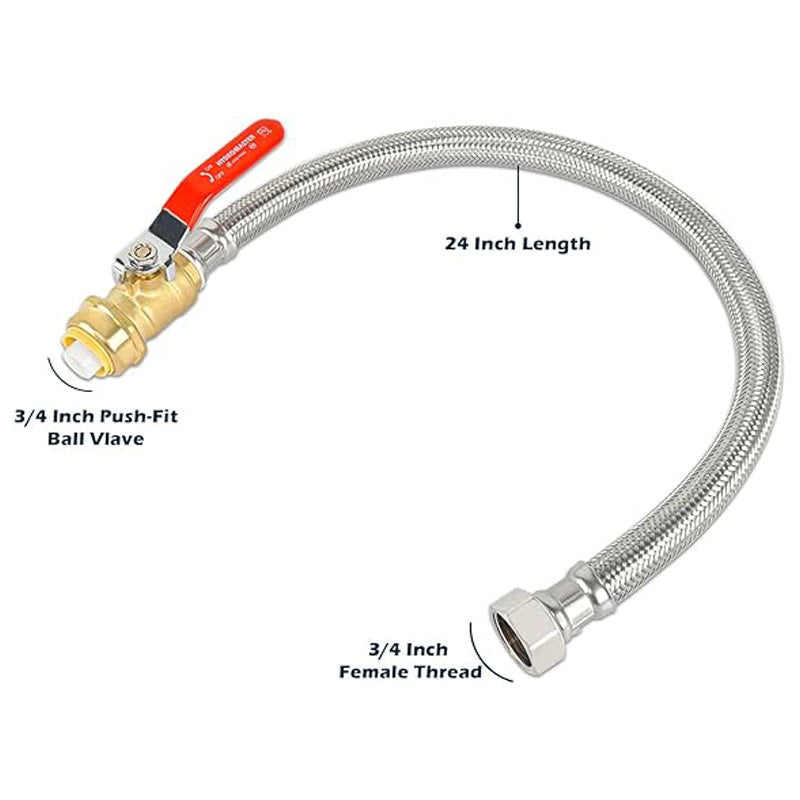 HYDRO MASTER Braided Flexible Water Heater Connector with Ball Valve, 3/4 Inch Ball Valve x 3/4 Inch FIP x 24 Inch Stainless Steel Flexible Water Heater Connector, For PEX Pipe, Copper, CPVC, HDPE - watertech plumbing supply