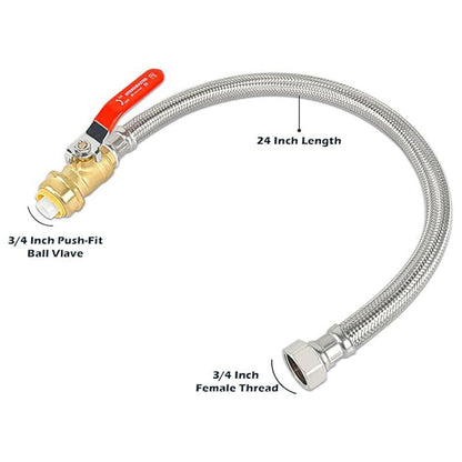 HYDRO MASTER Braided Flexible Water Heater Connector with Ball Valve, 3/4 Inch Ball Valve x 3/4 Inch FIP x 24 Inch Stainless Steel Flexible Water Heater Connector, For PEX Pipe, Copper, CPVC, HDPE - watertech plumbing supply