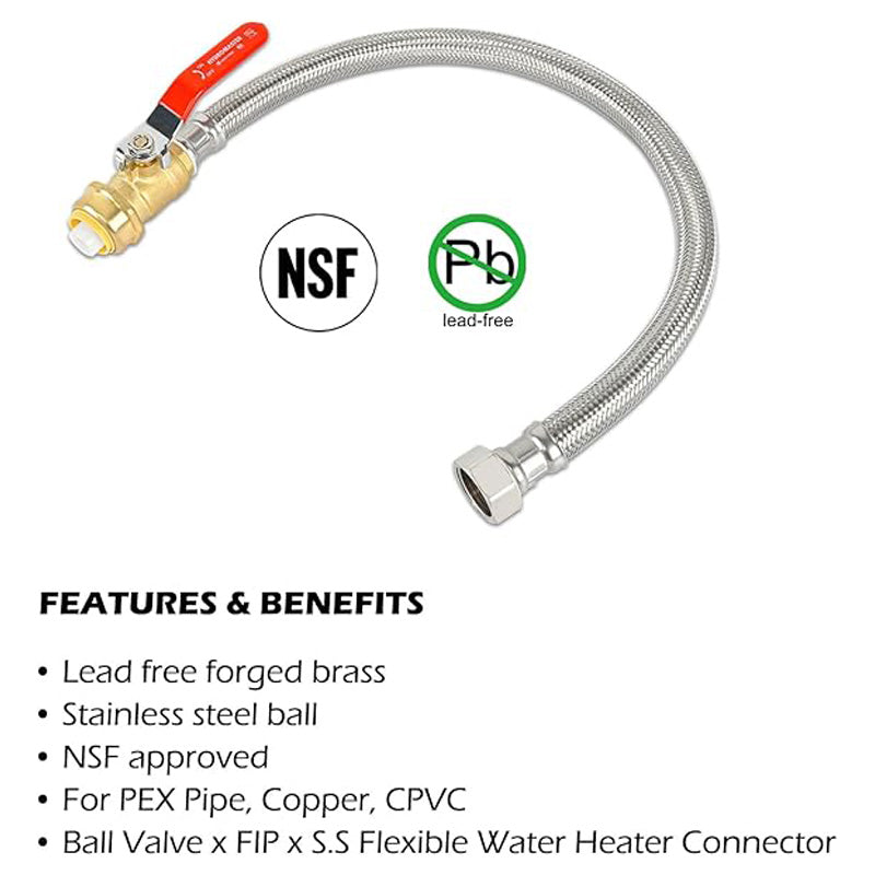 HYDRO MASTER Braided Flexible Water Heater Connector with Ball Valve, 3/4 Inch Ball Valve x 3/4 Inch FIP x 24 Inch Stainless Steel Flexible Water Heater Connector, For PEX Pipe, Copper, CPVC, HDPE - watertech plumbing supply