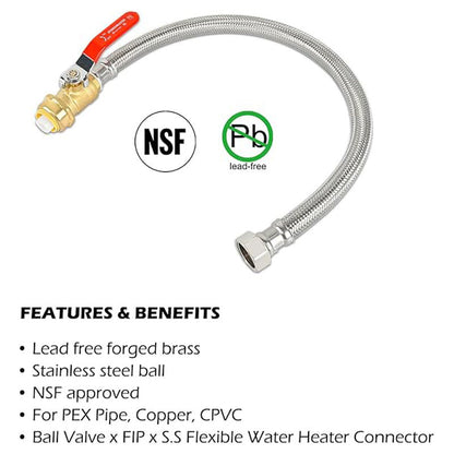 HYDRO MASTER Braided Flexible Water Heater Connector with Ball Valve, 3/4 Inch Ball Valve x 3/4 Inch FIP x 24 Inch Stainless Steel Flexible Water Heater Connector, For PEX Pipe, Copper, CPVC, HDPE - watertech plumbing supply